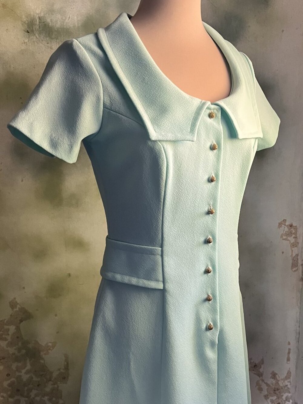 Vintage Sears Jr. Bazaar 60s Mod Mint Mini Dress Gold Buttons XS S - Picture 2 of 13